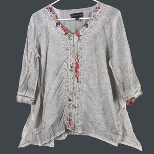 Gretty Zueger Loris Embroidered Top Womens M Gray Boho Asymmetrical Peru